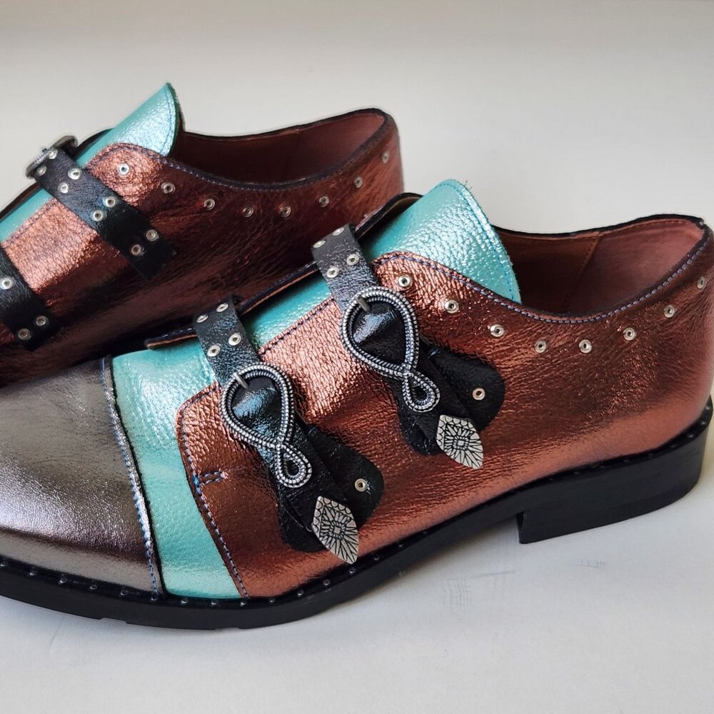 Girotti Metallic Leather Oxford Shoes Buckles Steampunk Luxury Handmade Unique 4